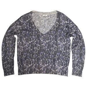 DVN women's blue/multi alpaca wool blend v-neck leopard print sweater, S.